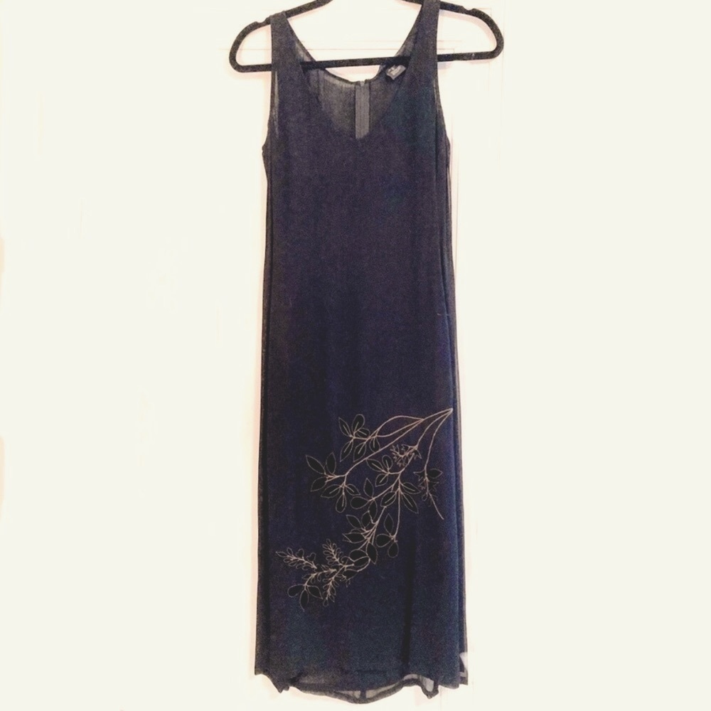 French Connection | fitted dress gauzy overlay with embroidered flowers